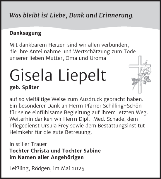 Traueranzeige von Gisela Liepelt von Trauerkombi Weißenfels