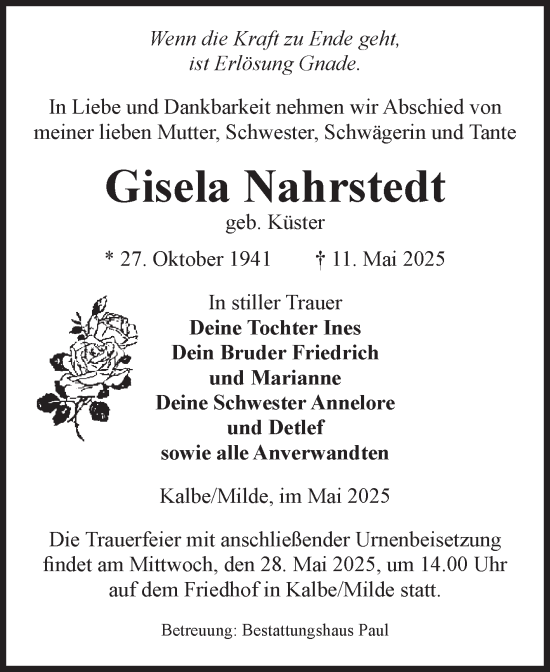 Traueranzeige von Gisela Nahrstedt von Volksstimme Altmark West