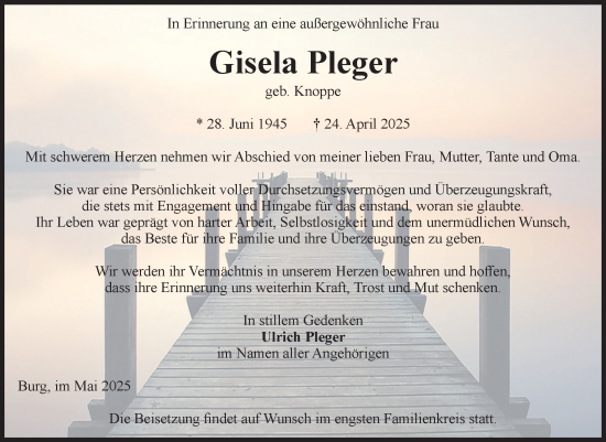 Traueranzeige von Gisela Pleger von Volksstimme Burg/Genthin
