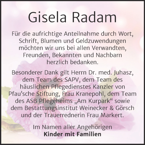 Traueranzeige von Gisela Radam von Trauerkombi Bernburg