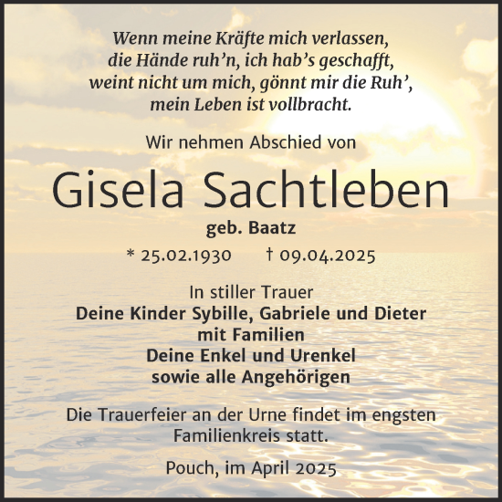 Traueranzeige von Gisela Sachtleben von Trauerkombi Bitterfeld