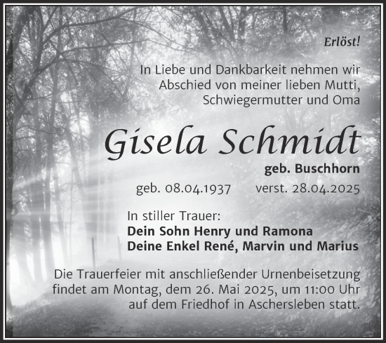 Traueranzeige von Gisela Schmidt von Trauerkombi Aschersleben
