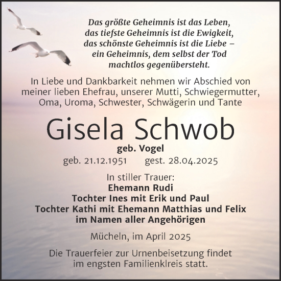 Traueranzeige von Gisela Schwob von Trauerkombi Merseburg