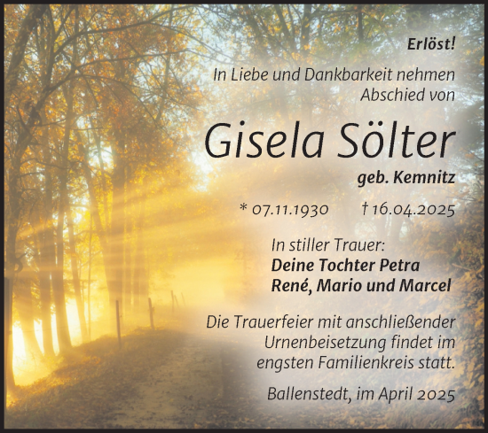 Traueranzeige von Gisela Sölter von Trauerkombi Merseburg