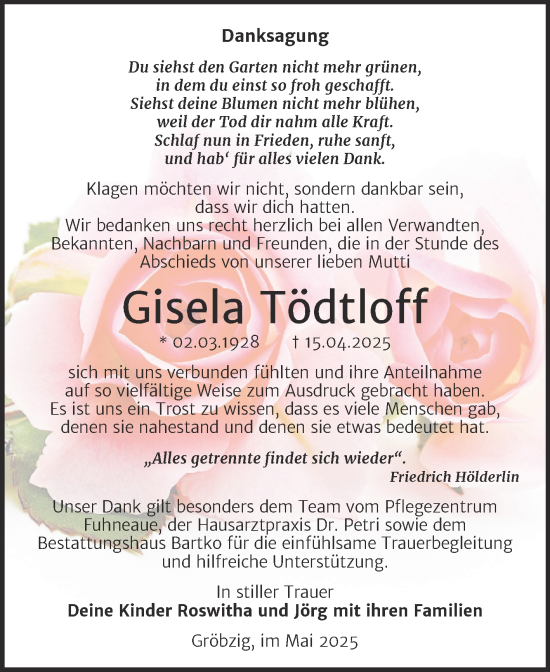 Traueranzeige von Gisela Tödtloff von Trauerkombi Köthen