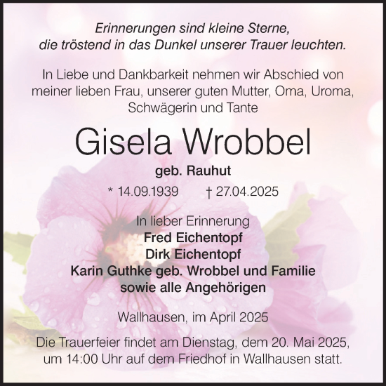 Traueranzeige von Gisela Wrobbel von Trauerkombi Sangerhausen