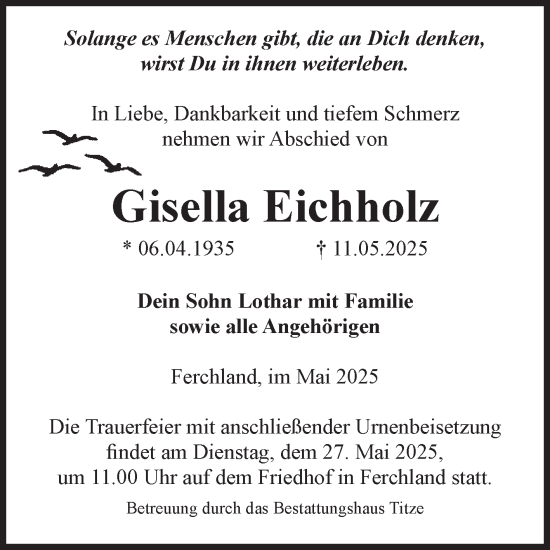 Traueranzeige von Gisella Eichholz von Volksstimme Burg/Genthin