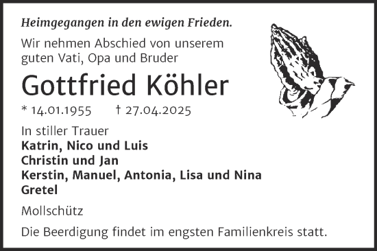 Traueranzeige von Gottfried Köhler von Super Sonntag Naumburg/Nebra