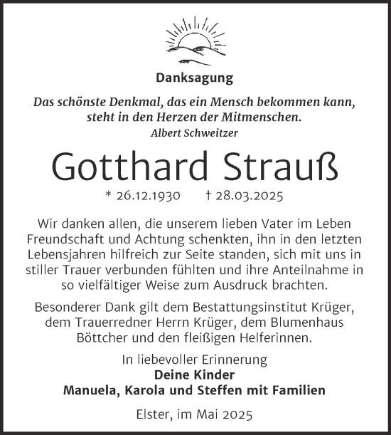 Traueranzeige von Gotthard Strauß von Trauerkombi Wittenberg