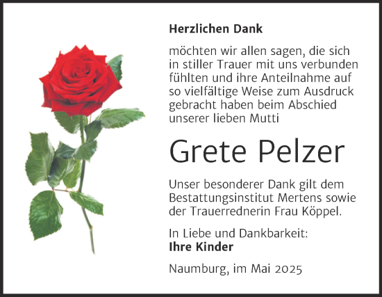 Traueranzeige von Grete Pelzer von Super Sonntag Naumburg/Nebra