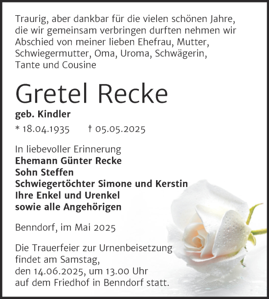 Traueranzeige von Gretel Recke von Trauerkombi Mansfelder Land