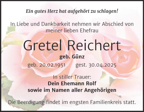 Traueranzeige von Gretel Reichert von Trauerkombi Bitterfeld