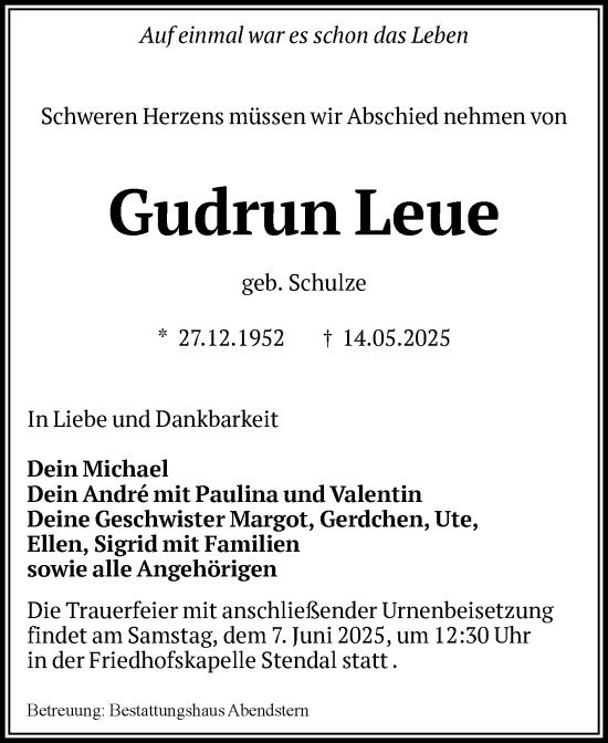 Traueranzeige von Gudrun Leue von Volksstimme Altmark Ost