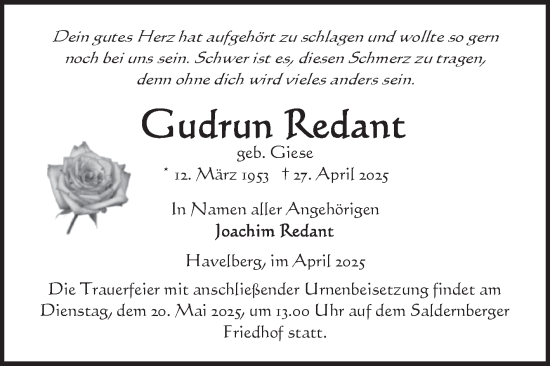 Traueranzeige von Gudrun Redant von Volksstimme Altmark Ost