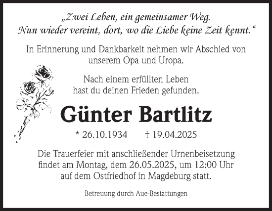 Traueranzeige von Günter Bartlitz von Volksstimme Magdeburg