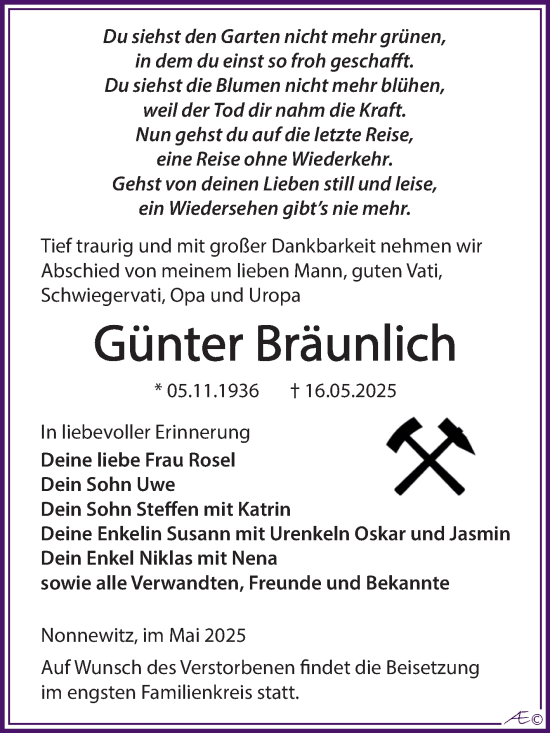 Traueranzeige von Günter Bräunlich von Trauerkombi Zeitz