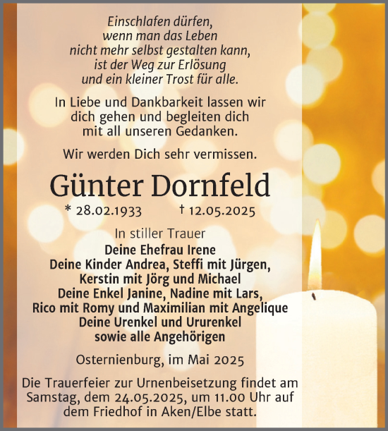 Traueranzeige von Günter Dornfeld von Trauerkombi Köthen