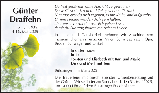 Traueranzeige von Günter Draffehn von Volksstimme Haldensleben/Wolmirstedt