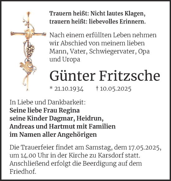 Traueranzeige von Günter Fritzsche von Mitteldeutsche Zeitung Merseburg/Querfurt