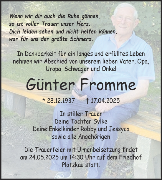 Traueranzeige von Günter Fromme von Trauerkombi Bernburg
