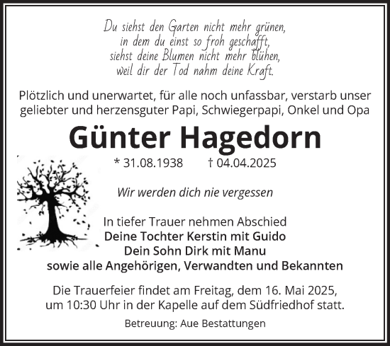 Traueranzeige von Günter Hagedorn von Volksstimme Magdeburg