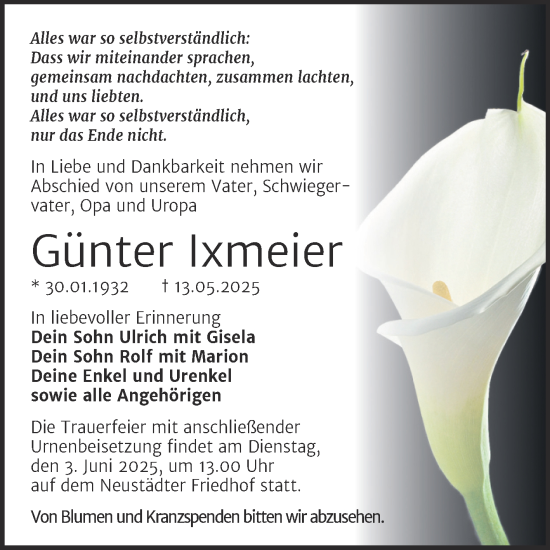 Traueranzeige von Günter Ixmeier von Mitteldeutsche Zeitung Halle/Saalkreis