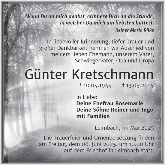 Traueranzeige von Günter Kretschmann von Trauerkombi Mansfelder Land