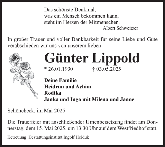 Traueranzeige von Günter Lippold von Volksstimme Schönebeck