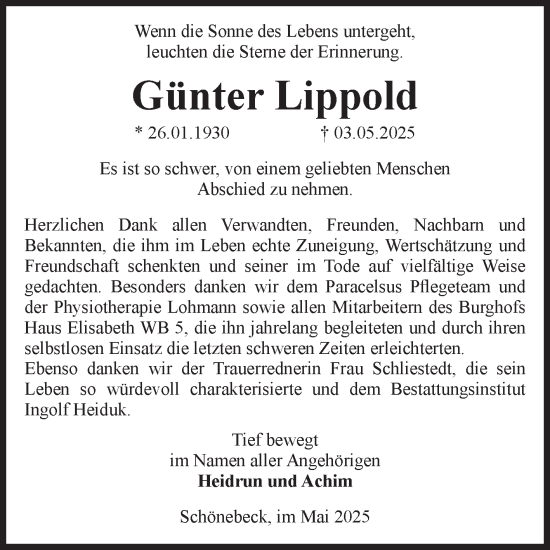 Traueranzeige von Günter Lippold von Volksstimme Schönebeck