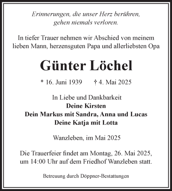 Traueranzeige von Günter Löchel von Volksstimme Oschersleben/Wanzleben