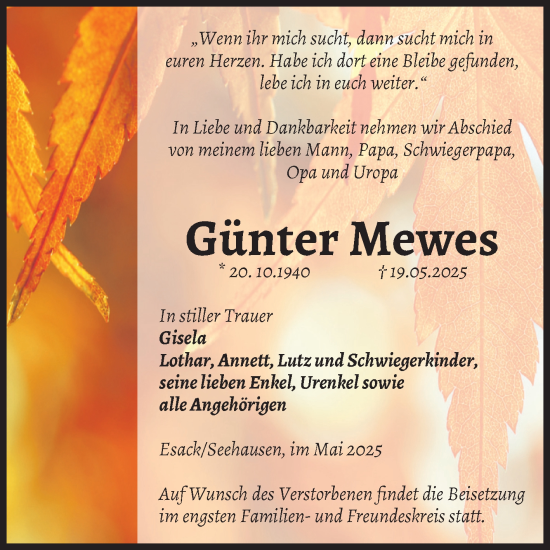 Traueranzeige von Günter Mewes von Volksstimme Altmark Ost