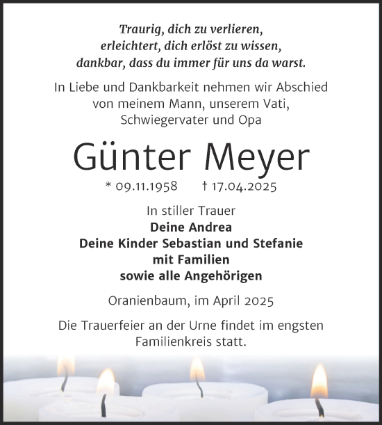 Traueranzeige von Günter Meyer von Trauerkombi Wittenberg