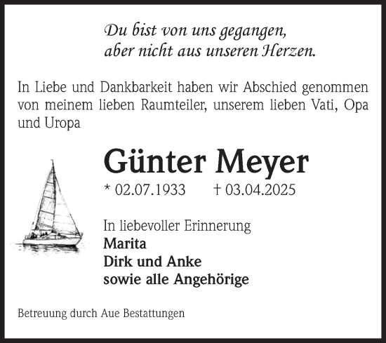 Traueranzeige von Günter Meyer von Volksstimme Magdeburg