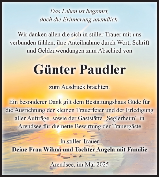 Traueranzeige von Günter Paudler von Volksstimme Altmark Ost