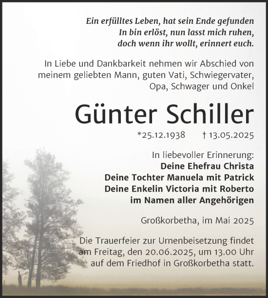 Traueranzeige von Günter Schiller von Trauerkombi Weißenfels