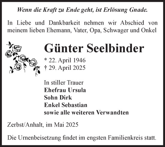 Traueranzeige von Günter Seelbinder von Volksstimme Zerbst