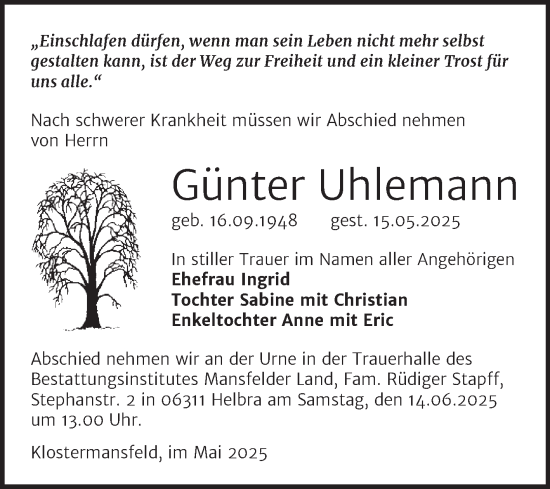 Traueranzeige von Günter Uhlemann von Trauerkombi Mansfelder Land