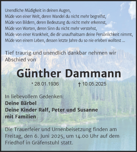 Traueranzeige von Günther Dammann von Trauerkombi Mansfelder Land