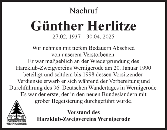 Traueranzeige von Günther Herlitze von Volksstimme Wernigerode