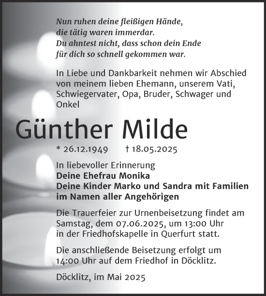 Traueranzeige von Günther Milde von Trauerkombi Merseburg