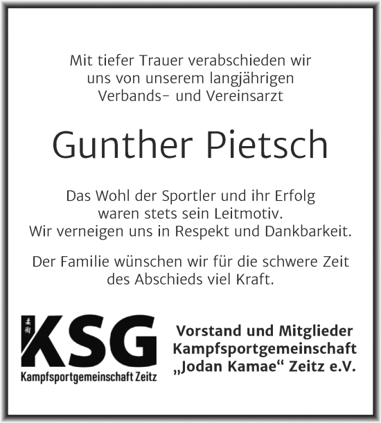 Traueranzeige von Günther Pietsch von Trauerkombi Zeitz