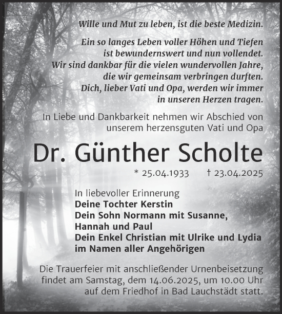 Traueranzeige von Günther Scholte von Trauerkombi Merseburg