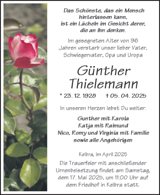 Traueranzeige von Günther Thielemann von Trauerkombi Sangerhausen
