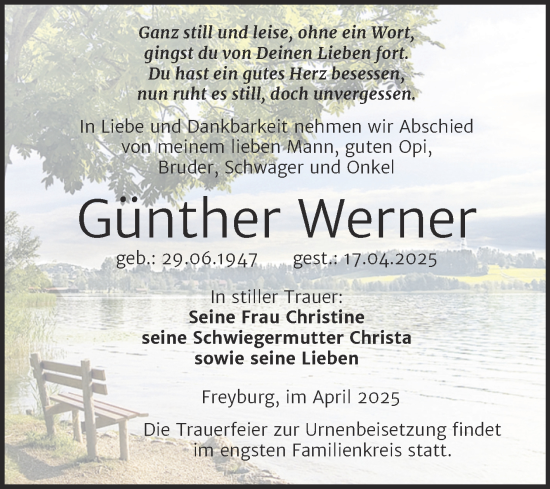 Traueranzeige von Günther Werner von Super Sonntag Naumburg/Nebra
