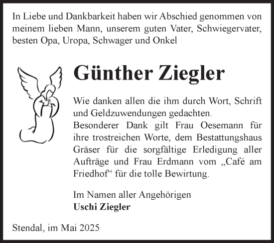 Traueranzeige von Günther Ziegler von Volksstimme Altmark Ost