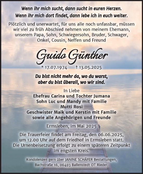 Traueranzeige von Guido Günther von Trauerkombi Quedlinburg