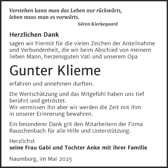 Traueranzeige von Gunter Klieme von Naumburger Tageblatt