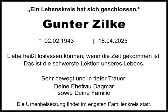Traueranzeige von Gunter Zilke von Trauerkombi Dessau