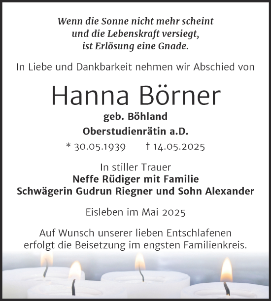 Traueranzeige von Hanna Börner von Trauerkombi Mansfelder Land