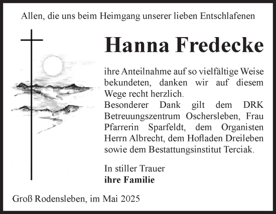 Traueranzeige von Hanna Fredecke von Volksstimme Oschersleben/Wanzleben